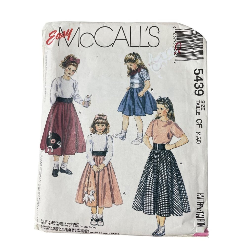 90s Easy McCalls 5439 Sewing Pattern Size 4-5-6 T Shirt Skirt Scarf Headband CUT